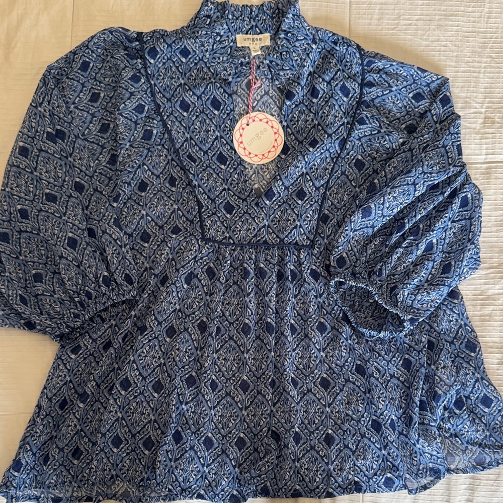 Umgee Navy and Light Blue Printed Peasant Tunic